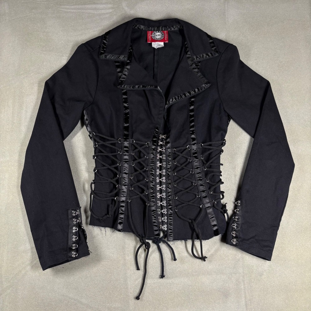 Vintage Redballs On Fire Pirate Coat Black Gothic Corset Lace Up Jacket Medium